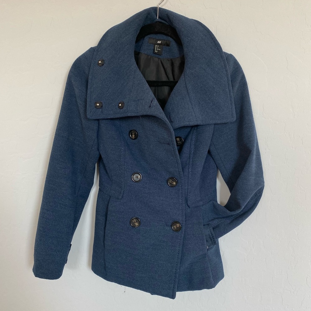H&M High Neck Oversized Blue Pea Coat